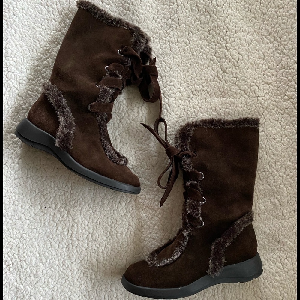 Aerosoles Brown Suede Faux Fur Trim Boots Size 6